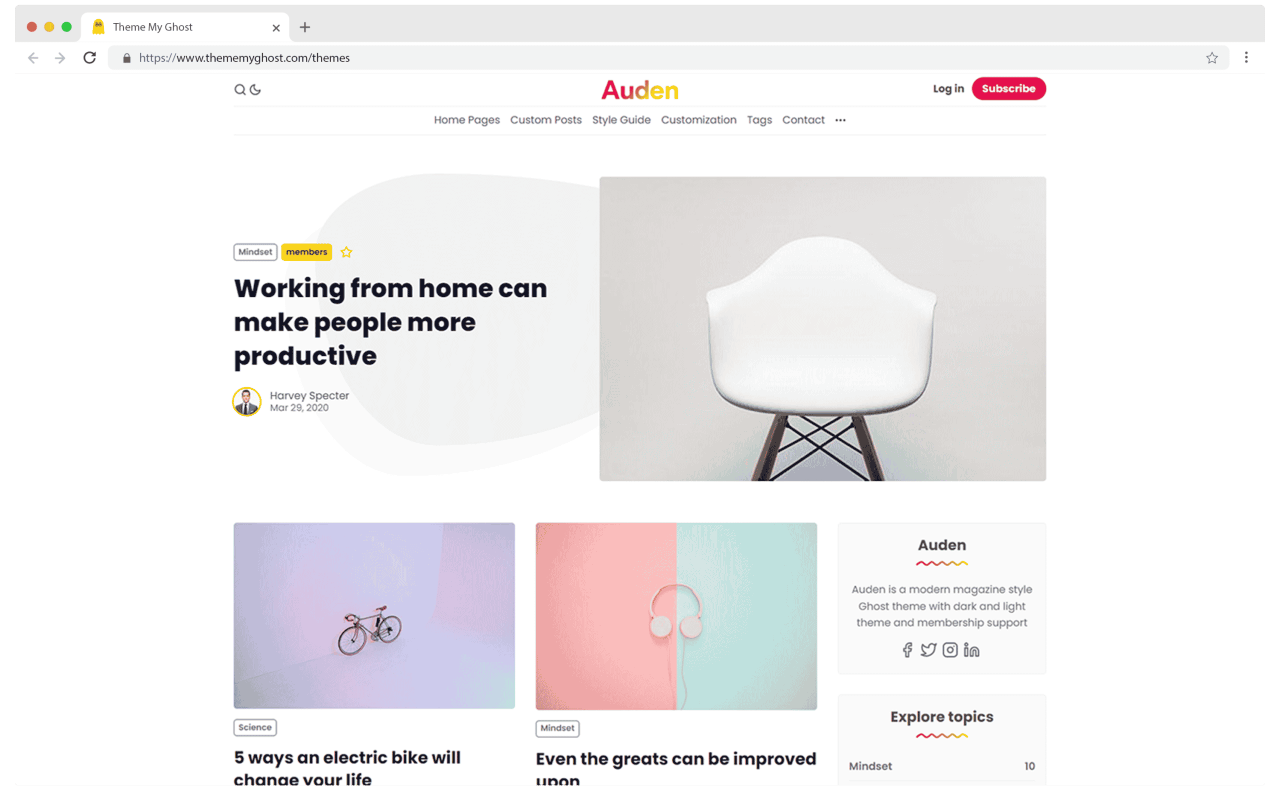 Auden Premium Ghost Theme Template with Dark Mode for Blog Membership and Newsletter by Biron Themes 1