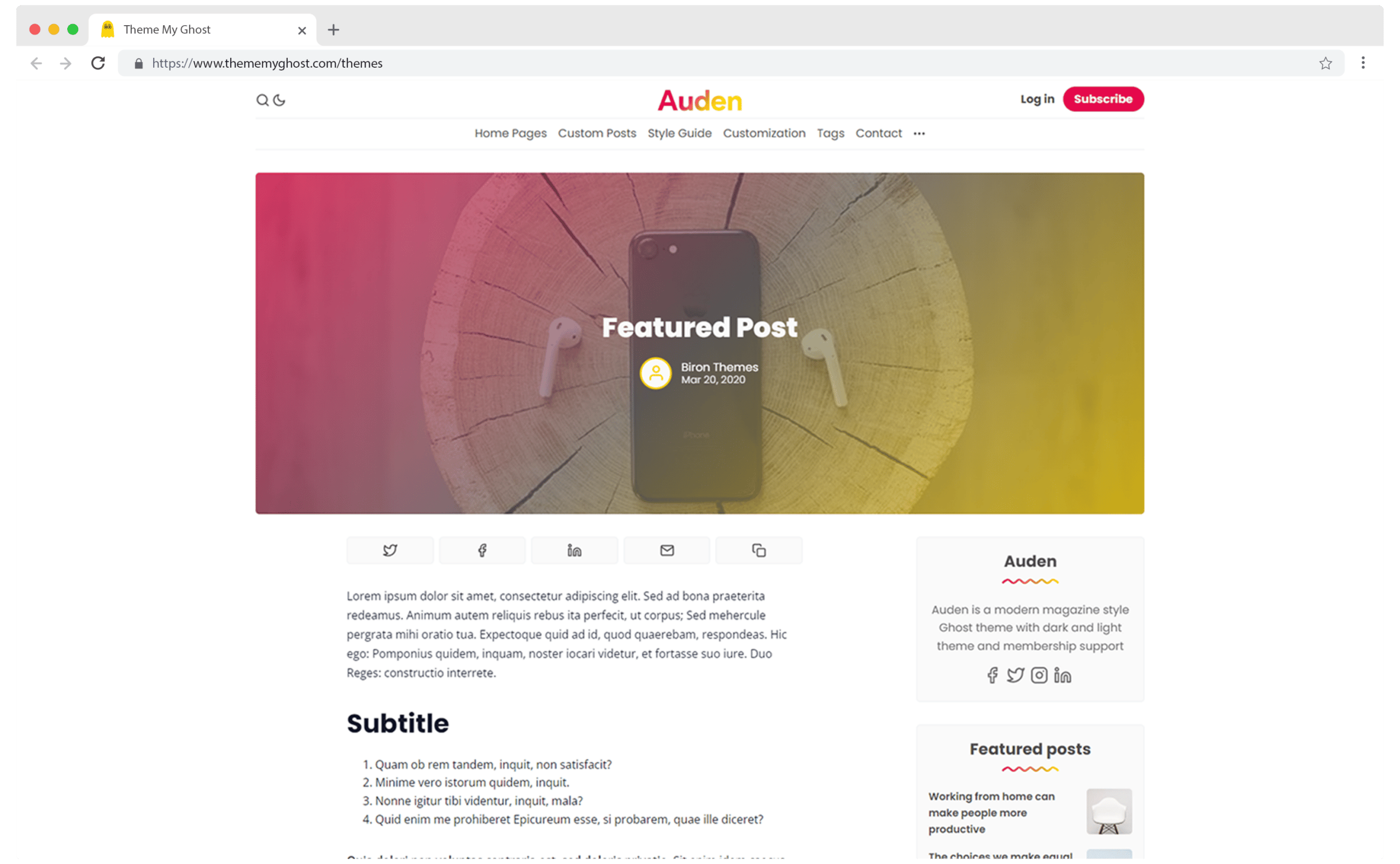 Auden Premium Ghost Theme Template with Dark Mode for Blog Membership and Newsletter by Biron Themes 10