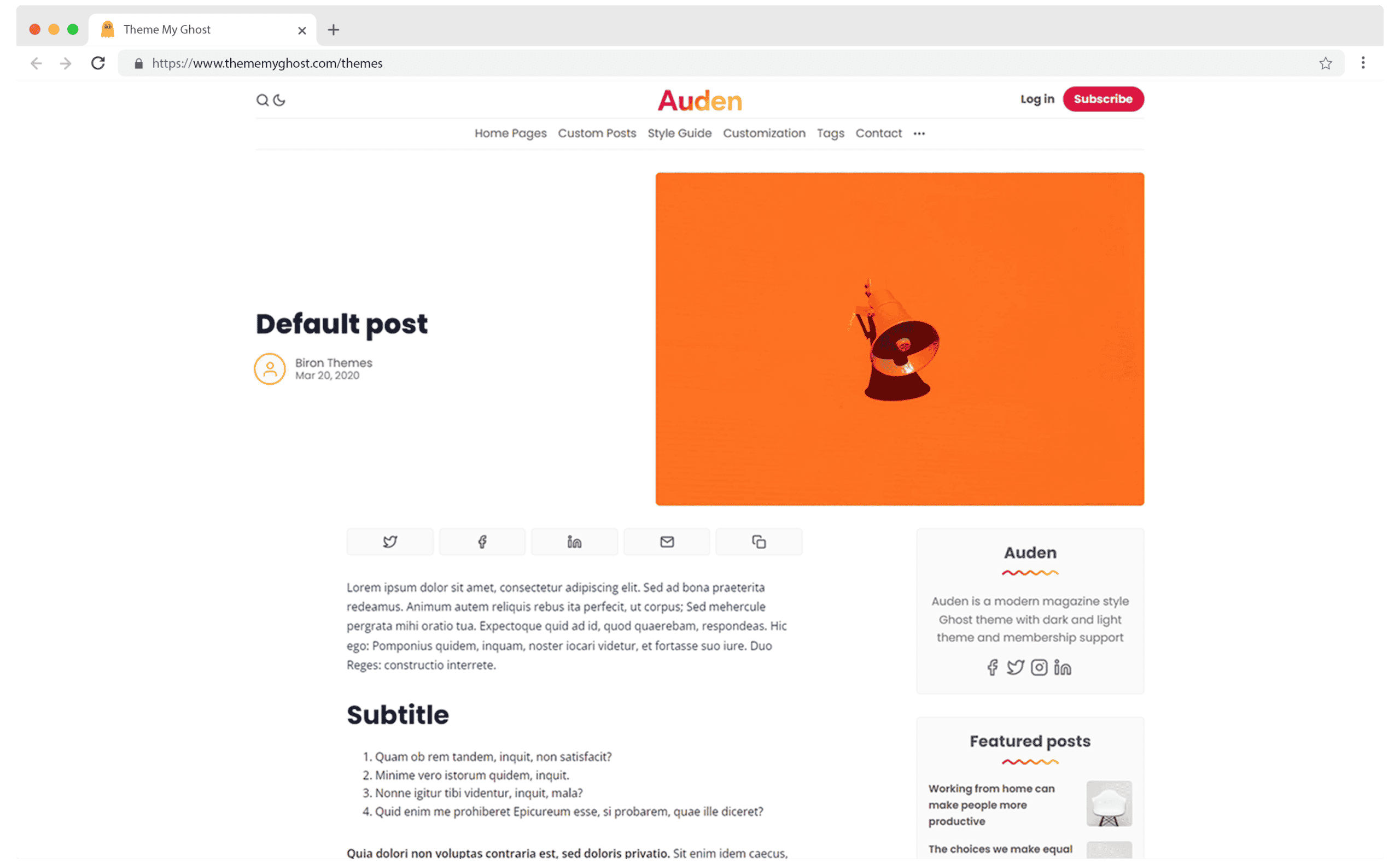 Auden Premium Ghost Theme Template with Dark Mode for Blog Membership and Newsletter by Biron Themes 6
