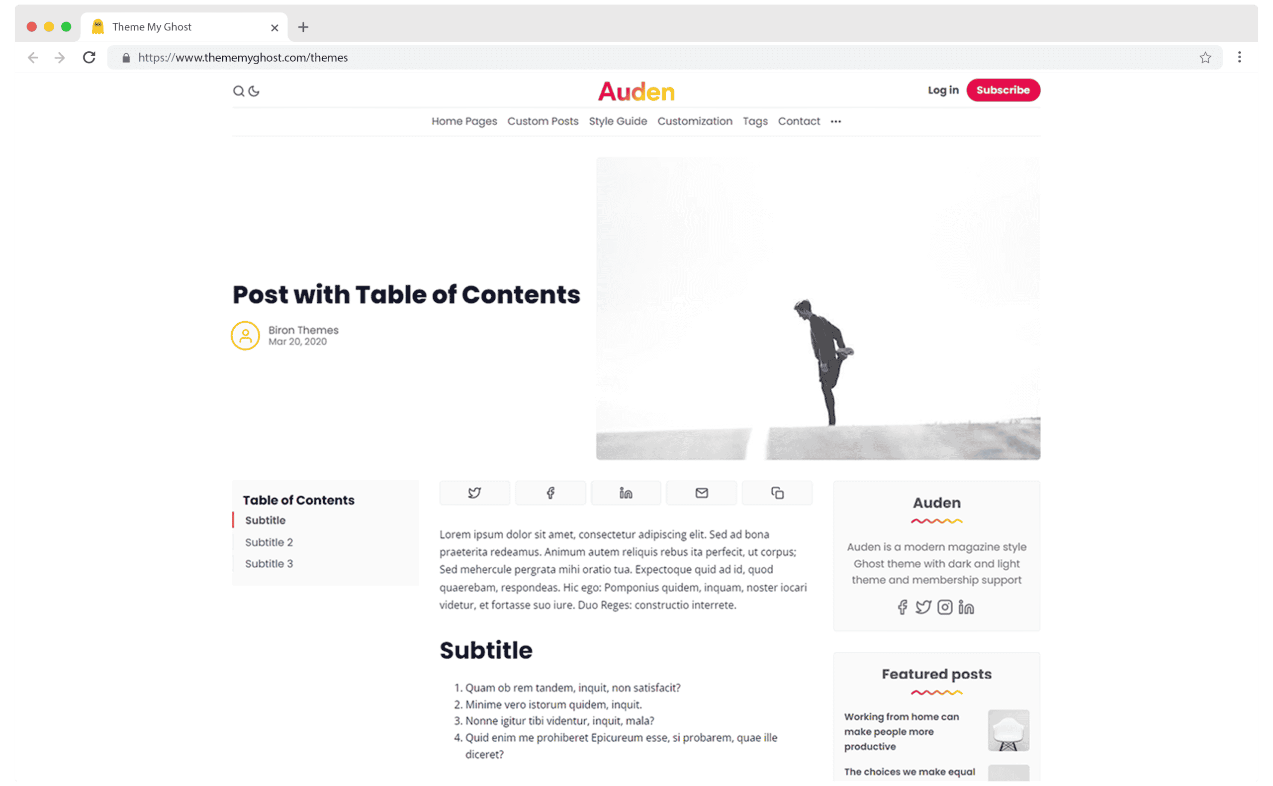 Auden Premium Ghost Theme Template with Dark Mode for Blog Membership and Newsletter by Biron Themes 9