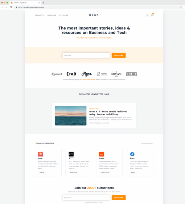 Beak-A Simple Paid Ghost Newsletter Theme with Ability to Show Resources and Guides