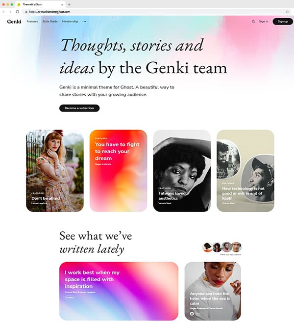 Genki is a carefully crafted magazine Ghost theme with a unique and modern design. The theme contains collection of post header layouts so you can share inspiring stories from all disciplines.