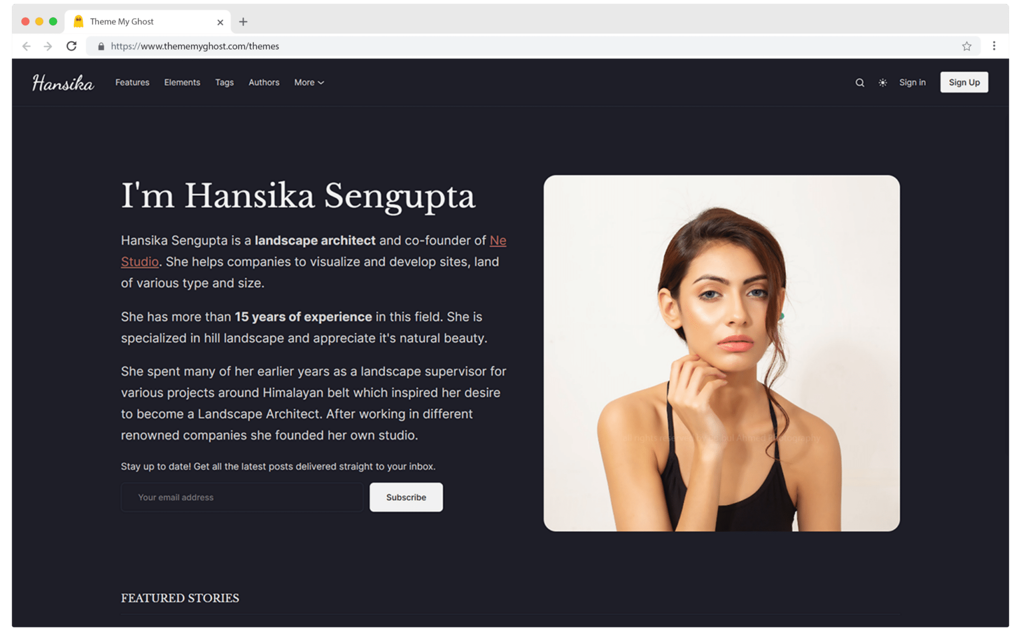 Hansika Premium Ghost Blogging Theme by GBJSolution with Post Layout Archive Tags Authors Pages Buy on Themeforest Ghost Marketplace Gumroad Dark Mode