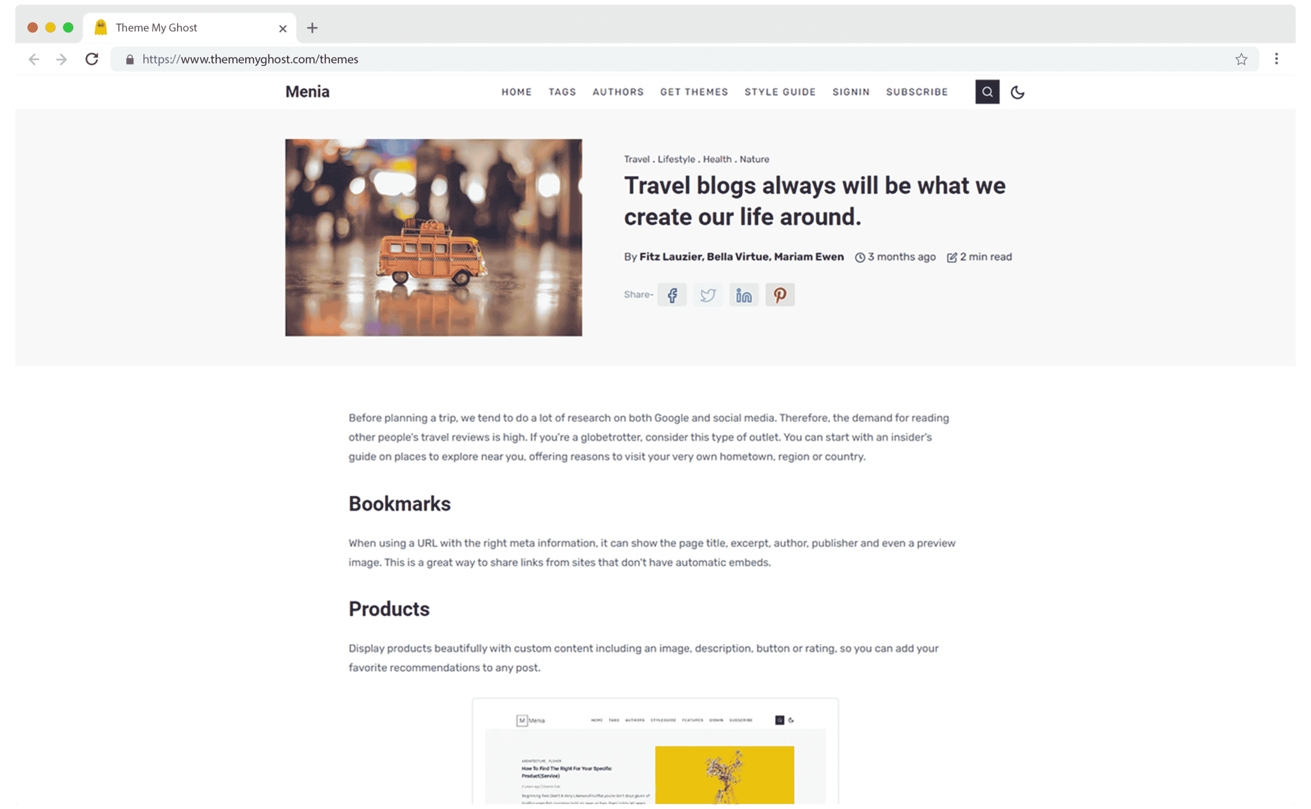 MENIA Premium Ghost Blog CMS Theme with Dark Mode for Portfolio Magazine Newsletter Photography Podcasts Travel Fashion Personal Blog on ThemeForest Ghost Marketplace 1 1