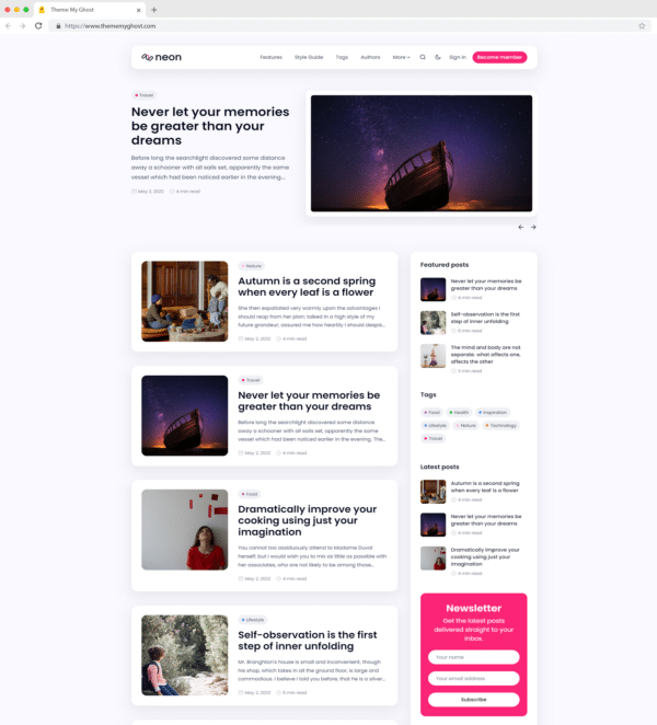 Neon premium Ghost theme for news magazine website with grid blog card developed by GBJSolution Buy on Themeforest