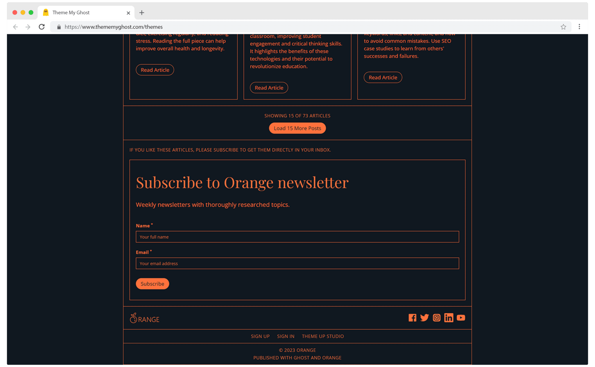 Orange is a minimal Typography theme for Ghost with extremely fast performance 3 5