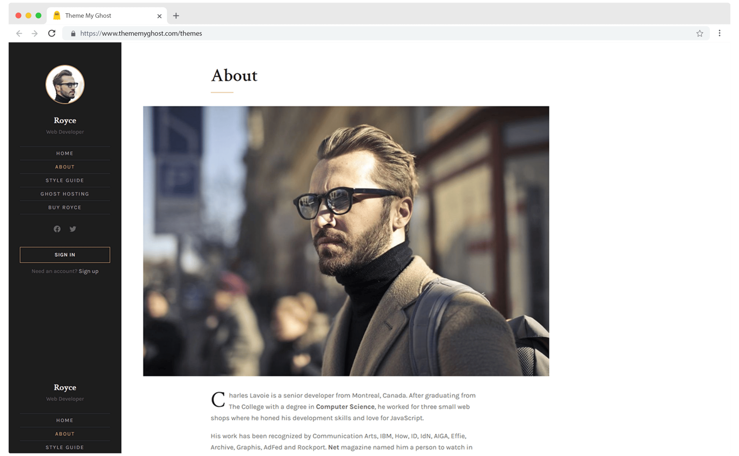 ROYCE Premium Ghost Blog CMS Theme with Dark Mode for Portfolio Magazine Newsletter Photography Podcasts Travel Fashion Personal Blog on ThemeForest Ghost Marketplace 7 1
