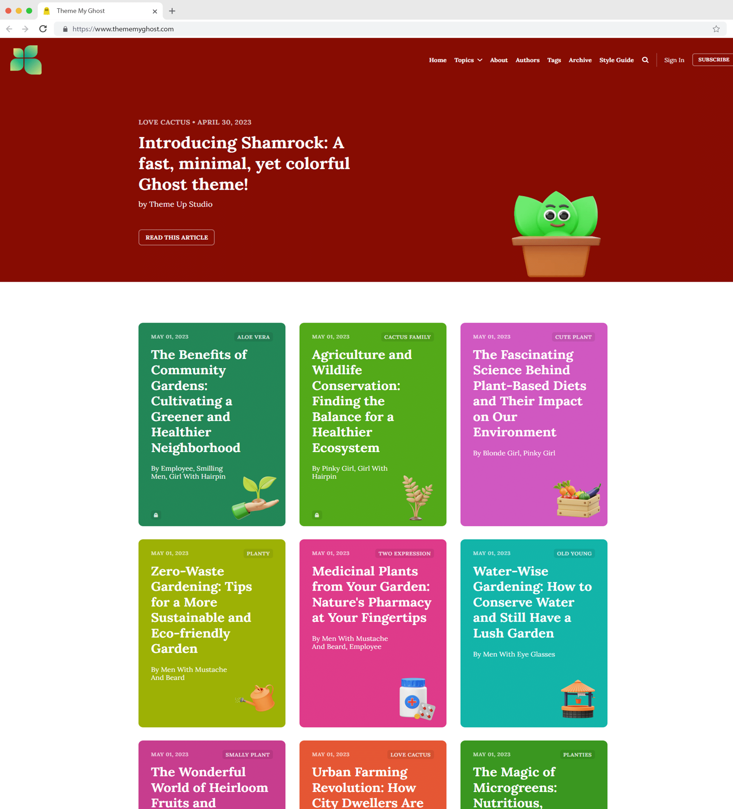 Shamrock is a colorful fast and minimalistic Ghost theme with lists and grid layout and archive tags and authors page
