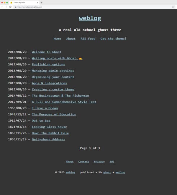 Weblog Minimal Ghost theme with monospace font for coders