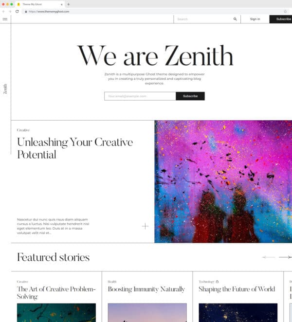 Zenith Premium Ghost theme for artist and brutalism design