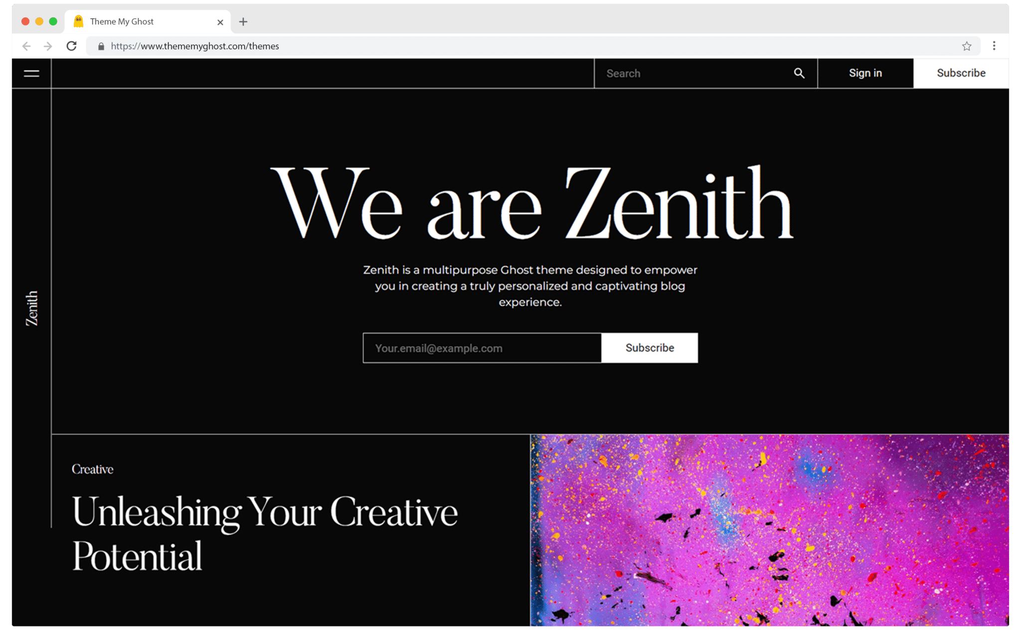 Zenith Premium Ghost theme with Brutalism design and Dark mode 6